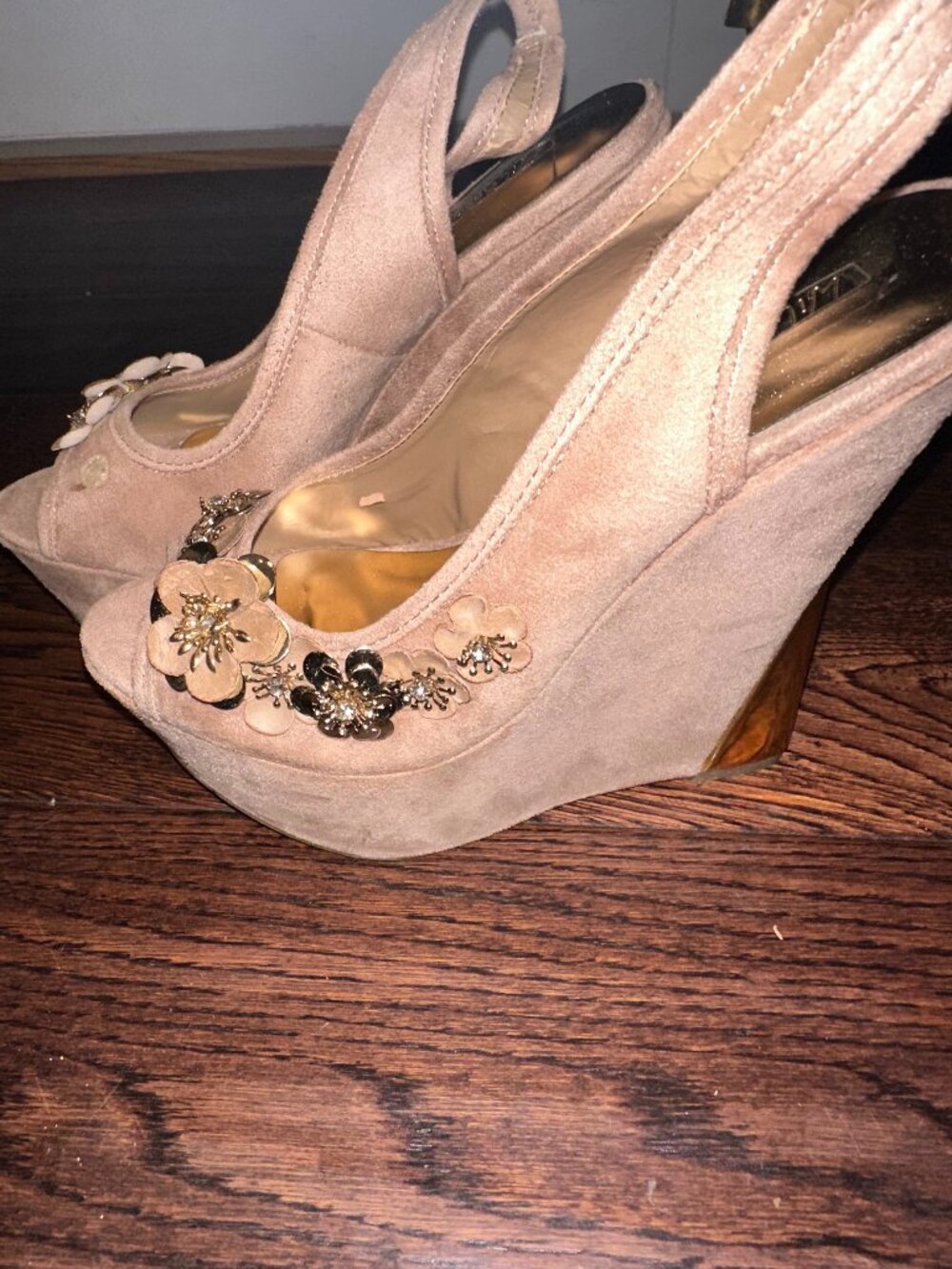 Fiona WP Light Tan Suede Slingback Platform Wedge Heels with Gold Floral Accents